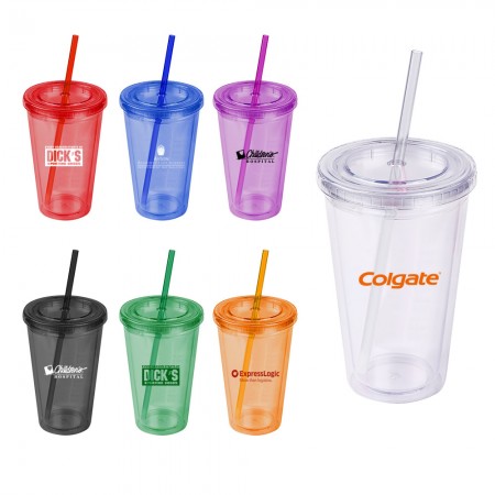 16 Oz Double Wall Acrylic Tumbler With Straw
